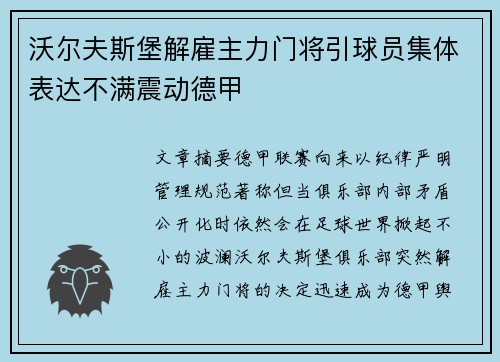 沃尔夫斯堡解雇主力门将引球员集体表达不满震动德甲 沃尔夫斯堡解雇主力门将引球员集体表达不满震动德甲