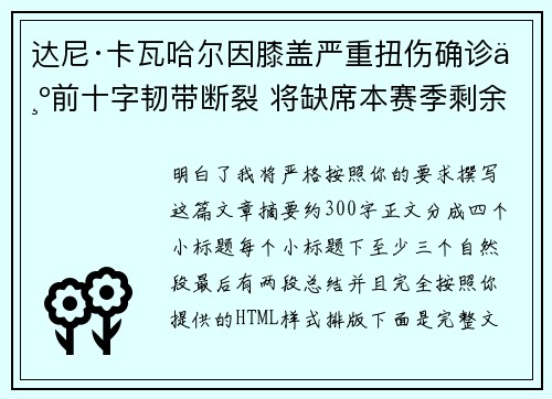 达尼·卡瓦哈尔因膝盖严重扭伤确诊为前十字韧带断裂 将缺席本赛季剩余所有比赛